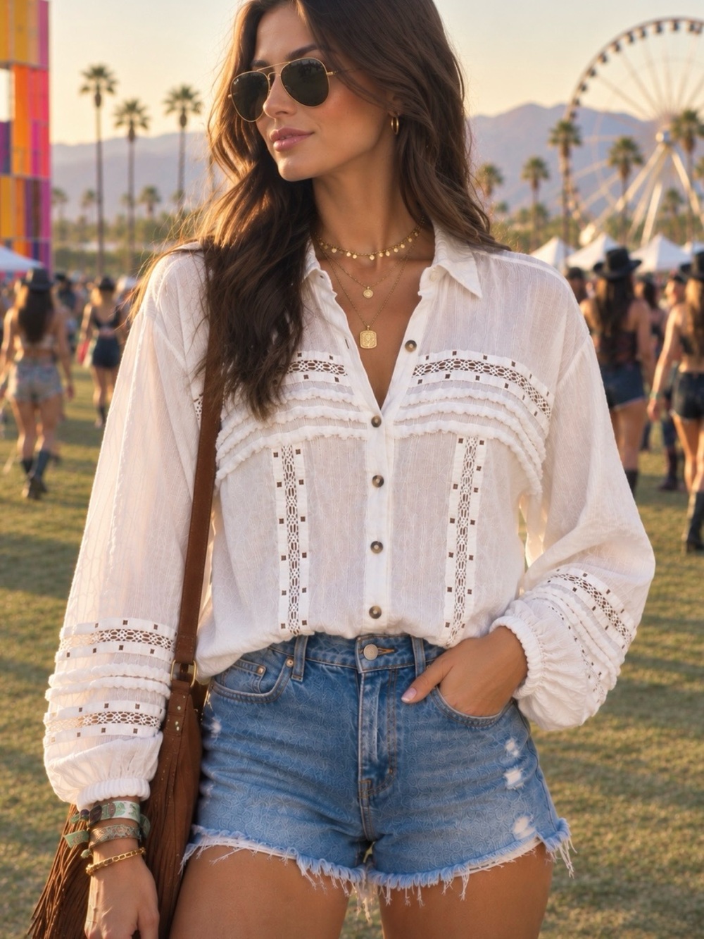 Free People Ivory Crochet-Trim Button-Up Blouse
